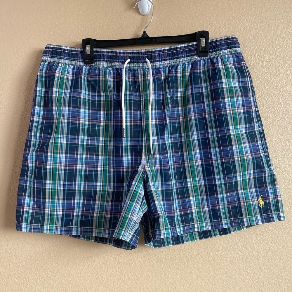 Polo by Ralph Lauren Mens Size XXL Plaid Blue Drawstring‎ Waist Swim Trunks